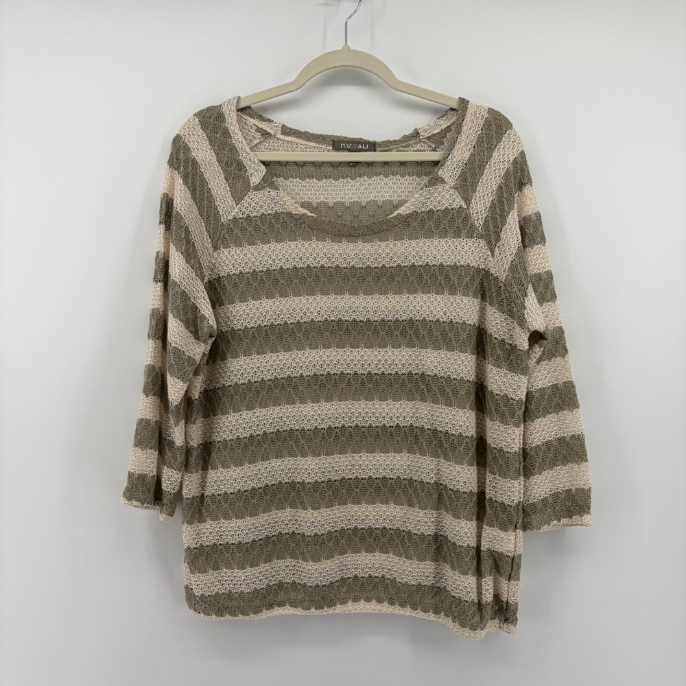Roz & Ali Womens 1X Green Striped Metallic Open Knit 3/4 Sleeve Pullover Sweater